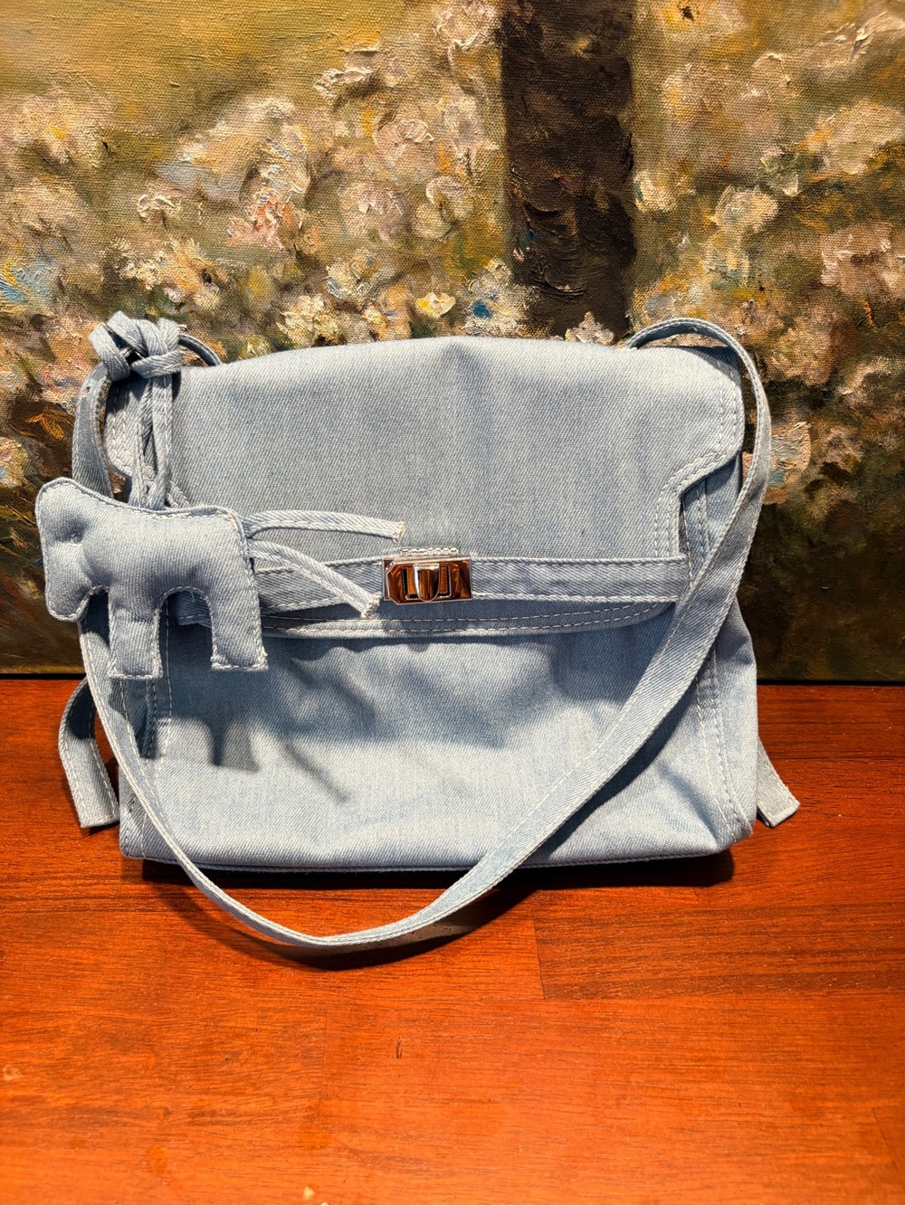 Light Blue Denim Crossbody Shoulder Bag with Decorative Charm
